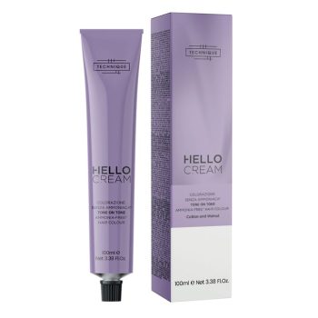 Tubo y caja morados de crema para coloración capilar sin amoniaco y tono sobre tono con diseño minimalista de la marca Technique, pensados para uso profesional y presentación que sugiere buen precio.