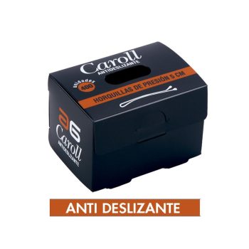 Caja compacta negra de horquillas antideslizantes para peluquería con acabado limpio y aspecto profesional, presentada en envase con solapa.
