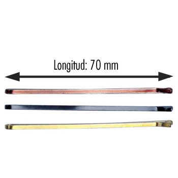 Tres horquillas planas metálicas de 70 mm en colores cobre, negro y dorado sobre fondo blanco, ideales para uso en peluquería.