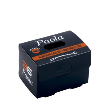 Caja negra de cartón de la marca Paola para horquillas de presión de 5 cm con banda naranja que indica 400 unidades, abertura superior y diseño compacto, alta calidad.
