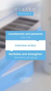 Cartel vertical en tonos azules y blancos que muestra el texto promocional sobre SYSTEM ENERGY indicando que contrarresta y previene la pérdida de cabello con acción intensiva para revitalizar y fortalecer la estructura capilar, acompañado de un logotipo en la parte inferior, apto para peluquería y presentado como tratamiento certificado.