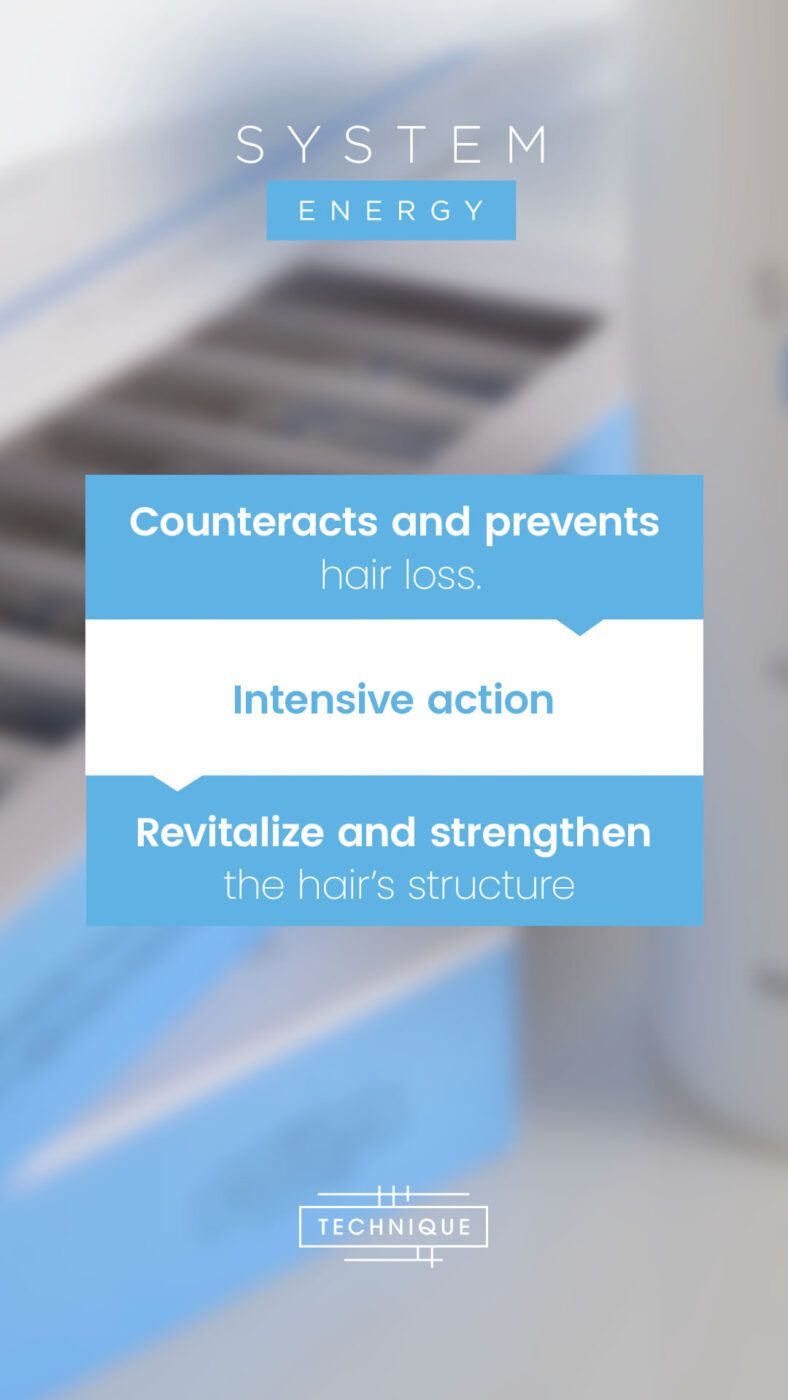 Cartel vertical en tonos azules y blancos que muestra el texto promocional sobre SYSTEM ENERGY indicando que contrarresta y previene la pérdida de cabello con acción intensiva para revitalizar y fortalecer la estructura capilar, acompañado de un logotipo en la parte inferior, apto para peluquería y presentado como tratamiento certificado.