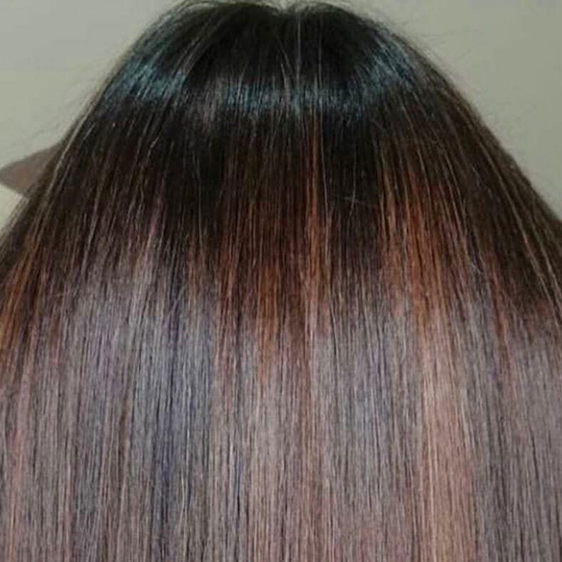 Cabello largo y liso visto desde la nuca con raíces oscuras y mechas castañas rojizas, textura sedosa y brillo uniforme que refleja un acabado de peluquería práctico y pulido.