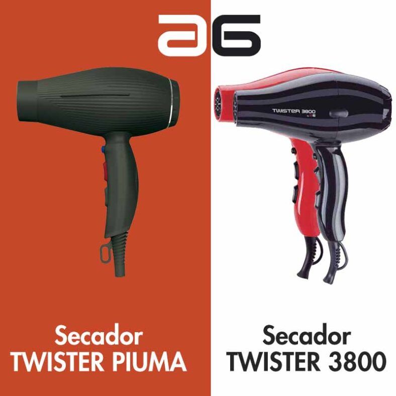 Dos secadores de pelo modernos mostrados lado a lado, uno verde sobre fondo rojo y otro negro y rojo sobre fondo blanco, presentados como opciones para uso profesional en peluquería.