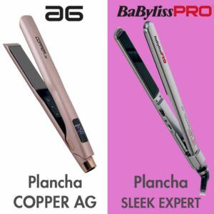 Dos planchas de pelo profesionales, una rosa metalizado sobre fondo claro y otra plateada sobre fondo rosa, presentadas como herramientas de peluquería.