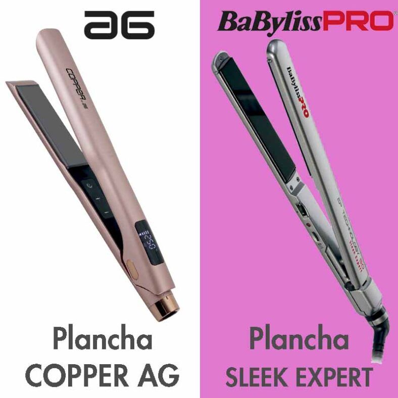 Dos planchas de pelo profesionales, una rosa metalizado sobre fondo claro y otra plateada sobre fondo rosa, presentadas como herramientas de peluquería.