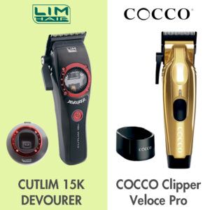 Imagen que muestra dos cortapelos eléctricos colocados lado a lado, a la izquierda un modelo negro con detalles rojos y base de carga sobre un fondo verde pálido y a la derecha un modelo dorado con base negra sobre fondo blanco, ambos presentados como dispositivos profesionales de alta calidad.