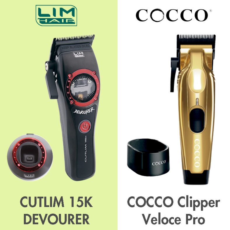 Imagen que muestra dos cortapelos eléctricos colocados lado a lado, a la izquierda un modelo negro con detalles rojos y base de carga sobre un fondo verde pálido y a la derecha un modelo dorado con base negra sobre fondo blanco, ambos presentados como dispositivos profesionales de alta calidad.