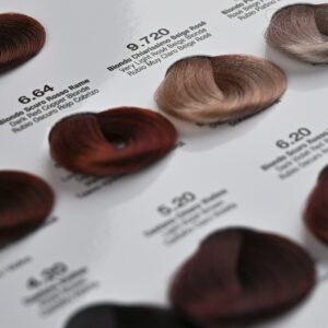Muestra de carta de color con mechones organizados que exhiben tonos rubios, castaños y rojizos sobre fondo blanco, con etiquetas impresas y brillo sedoso que transmite alta calidad y sugiere una oferta para salones de belleza.