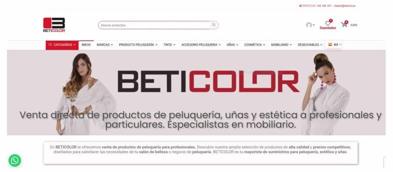 Banner de la tienda online BETICOLOR con logo grande en el centro, dos modelos femeninas a ambos lados, menú y buscador en la cabecera y texto promocional sobre venta directa de productos de peluquería, uñas y estética a profesionales y particulares.