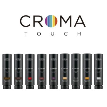 Logo Croma Touch sobre fondo blanco y fila de nueve envases negros alineados de Nutricolor Cream en distintos tonos, presentado como producto profesional para peluquería con sello auténtico y diseño moderno.