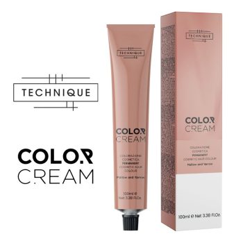 Tubo y caja color rosa melocotón de crema colorante para cabello con diseño y tipografía minimalista y logo visible, presentados como producto de alta calidad y con un aspecto económico.