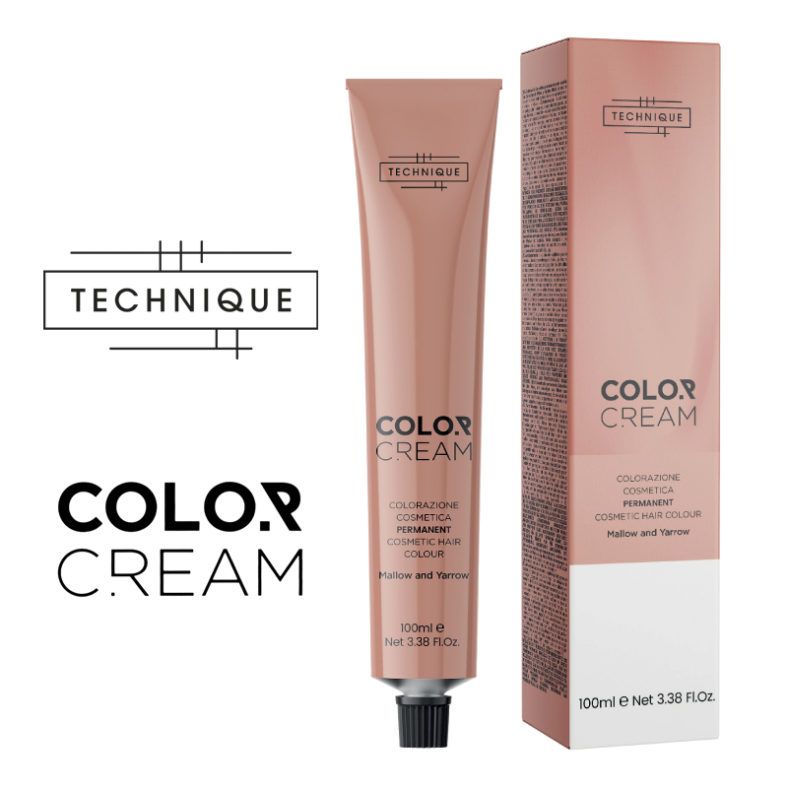 Tubo y caja color rosa melocotón de crema colorante para cabello con diseño y tipografía minimalista y logo visible, presentados como producto de alta calidad y con un aspecto económico.