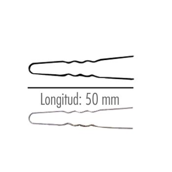 Dos pasadores metálicos ondulados para sujetar el cabello, mostrados en dibujo y fotografía con la indicación de longitud: 50 mm, uso en peluquería.