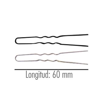 Par de horquillas metálicas, una negra y otra plateada, con ondas centrales y longitud 60 mm para uso profesional.