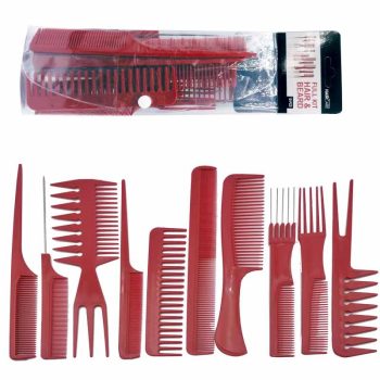 Set 'profesional' de peines y herramientas para peinado en plástico rojo, con variedad de formas y tamaños mostrado dentro de su empaque y desplegado.