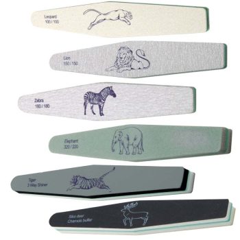 Juego de seis limas y bloques pulidores para uñas con diferentes granos impresos (100/100, 150/150, 180/180, 320/220 y una 3 Way Shiner) y dibujos de animales —leopardo, león, cebra, elefante, tigre y ciervo— en colores apilados, ideal para uso profesional.