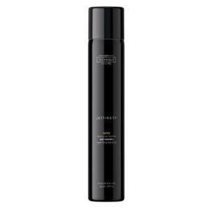 Envase cilíndrico negro brillante de laca en aerosol para cabello con tipografía blanca y dorada sobre fondo blanco, de diseño elegante y alta calidad.