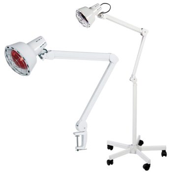 Lámparas infrarrojas blancas con rejilla protectora y reflector rojo, una montada en brazo articulado con pinza y otra en pie con base rodante, diseñadas para tratamientos en peluquería y de uso práctico y efectivo.