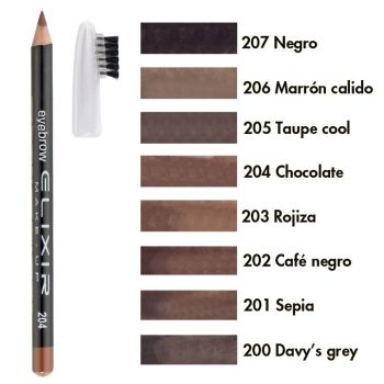 Lápiz de cejas negro con extremo marrón y capuchón con mini cepillo junto a una columna de muestras de tonos marrones y grises claramente etiquetadas, presentado para uso profesional.