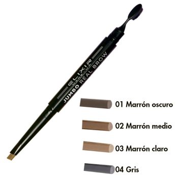 Lápiz delineador de cejas negro con esponja aplicadora y punta angulada junto a muestras de tonos marrón oscuro, marrón medio, marrón claro y gris, de alta calidad.