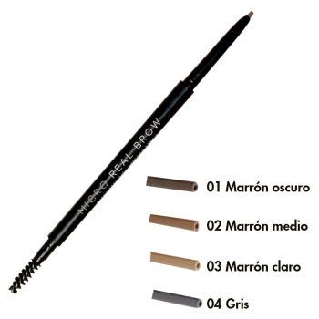 Lápiz de cejas retráctil de color negro con punta fina y cepillo espiral, acompañado de cuatro muestras en tonos marrón oscuro, marrón medio, marrón claro y gris, pensado para definición natural y uso profesional en peluquería con presentación lista para entrega.