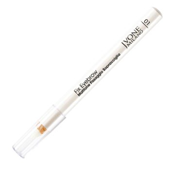 Lápiz fijador para cejas de cuerpo blanco con tapa transparente que muestra el aplicador y un producto beige, ideal para acabado en peluquería y uso profesional.