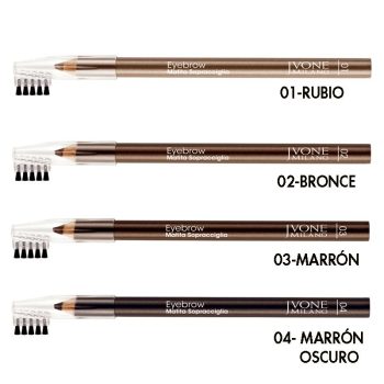 Cuatro lápices de cejas alineados verticalmente en tonos claros a oscuros con mina visible y cepillo con tapa transparente, diseño limpio y profesional con toque moderno.