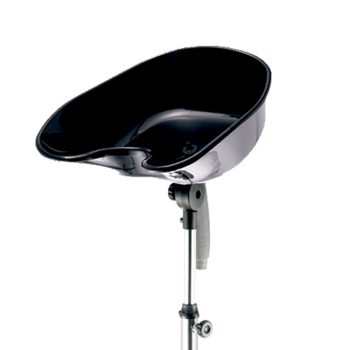 Lavacabezas portátil negro de plástico con cuenca ergonómica, pedestal metálico ajustable y tubo de desagüe, diseñado para peluquería.
