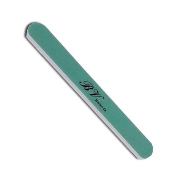 Lima de uñas rectangular verde de doble cara con núcleo blanco y extremos redondeados sobre fondo blanco, diseñada para limar y pulir las uñas, imagen de producto de alta calidad.