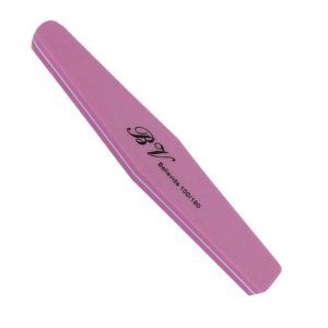 Lima de uñas rosa de doble cara con forma angulada y superficies abrasivas para uso profesional.