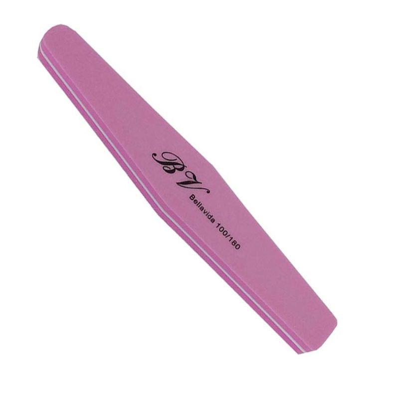 Lima de uñas rosa de doble cara con forma angulada y superficies abrasivas para uso profesional.