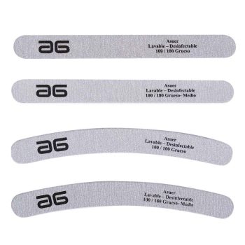 Cuatro limas de uñas gris claro de diferentes formas (rectas y curvas) y acabado rugoso con texto impreso que indica que son lavables y desinfectables, adecuadas para peluquería.