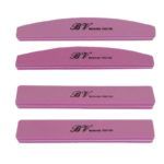 Cuatro limas y pulidores de uñas rosas de distintos perfiles y grosores dispuestos en fila, pensados para uso profesional en manicura.