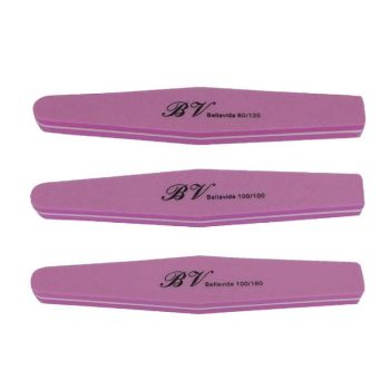 Tres limas pulidoras de uñas de espuma color rosa con forma alargada y bordes biselados dispuestas en paralelo para limado y pulido profesional 'alta calidad'.