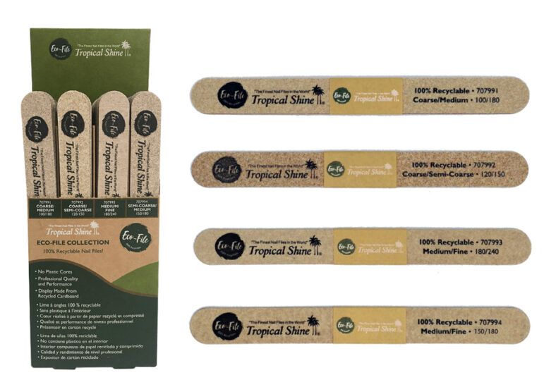 Expositor rectangular con limas de uñas ecológicas y reciclables de cartón en tonos marrón y verde, varias limas marcadas Tropical Shine en distintos grosores, ideales para salones de belleza.