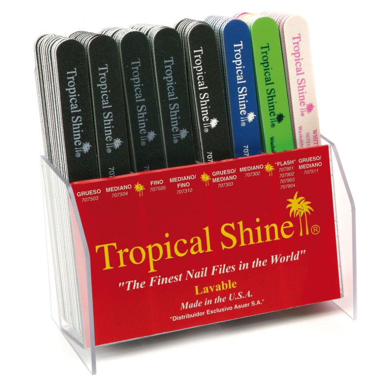 Exhibidor acrílico con surtido de limas de uñas Tropical Shine en colores negro, azul, verde y rosa, organizadas por grano frente a un cartel rojo con logo de palmera y texto promocional, ideal para uso profesional.