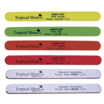 Seis limas de uñas dispuestas horizontalmente en colores vivos —amarilla, verde, naranja, roja y dos plateadas con acabado tipo cebra— con el logotipo Tropical Shine y superficies de distintos granos para limado y pulido que transmiten 'alta calidad'.