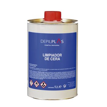 Lata metálica con tapón rojo y etiqueta azul que indica limpiador de cera para uso cosmético profesional, mostrando pictogramas de peligro y presentación de alta calidad.