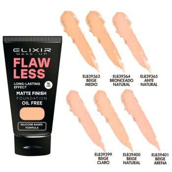 Un tubo negro de base de maquillaje mate oil free con la marca y el nombre "FLAWLESS" visible junto a seis muestras de tonos de piel que van de claros a oscuros, presentado como producto cosmético para peluquería.
