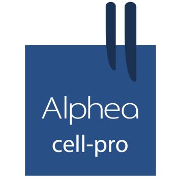 Logotipo con un cuadrado azul oscuro y texto blanco "Alphea cell-pro" en tipografía limpia, coronado por dos formas verticales oscuras, que transmite una imagen profesional y sugiere una estética de peluquería.