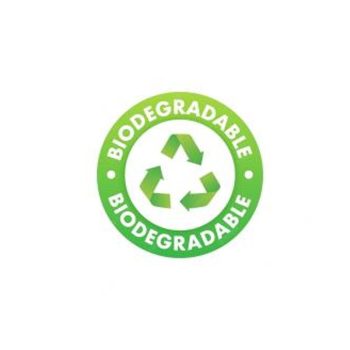 Sello verde circular con símbolo de reciclaje de tres flechas en el centro y la palabra biodegradable repetida en el borde, diseño claro y alta calidad.