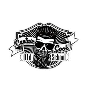 Emblema vintage en blanco y negro que muestra una calavera con peinado pompadour, gafas de sol, bigote y barba estilizados sobre cintas tipográficas con las palabras "Old School", con diseño equilibrado y profesional para adquirir un aire retro.