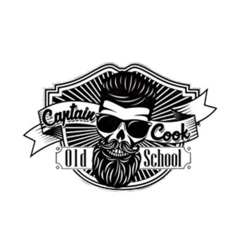 Emblema vintage en blanco y negro que muestra una calavera con peinado pompadour, gafas de sol, bigote y barba estilizados sobre cintas tipográficas con las palabras "Old School", con diseño equilibrado y profesional para adquirir un aire retro.