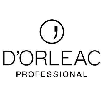 Logotipo minimalista en negro sobre fondo blanco con un círculo que encierra un apóstrofo estilizado, el texto D'ORLEAC en mayúsculas y debajo la palabra profesional, pensado para identificar un producto de marca.
