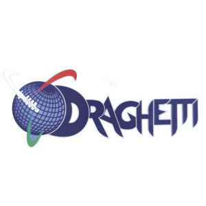Logotipo estilizado en tonos azules con la palabra Draghetti, un globo cuadriculado a la izquierda y tres arcos blanco, rojo y verde alrededor, diseño sugerente para una peluquería.