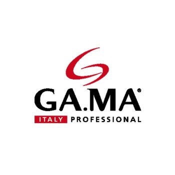 Logotipo sobre fondo blanco con un símbolo rojo curvo en forma de S encima del texto GA.MA en negro, una etiqueta roja con la palabra ITALY a la izquierda y la palabra profesional en negro a la derecha, versión oficial.