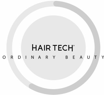 Logotipo minimalista con círculos concéntricos grises y tipografía negra centrada que muestra HAIR TECH en el centro y la frase ORDINARY BEAUTY con letras espaciadas alrededor, transmitiendo una estética sobria y profesional