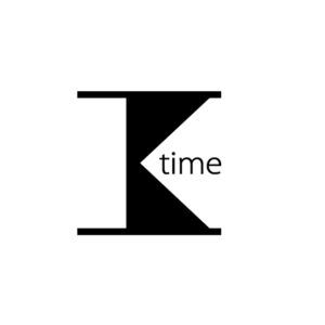 Logotipo minimalista en blanco y negro con una forma geométrica que forma la letra K y la palabra time integrada, diseño sobrio ideal para peluquería de estilo moderno.