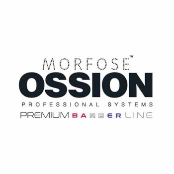 Logotipo minimalista sobre fondo blanco con tipografías variadas que destaca la palabra OSSION en grande, muestra textos secundarios como MORFOSE, PROFESSIONAL SYSTEMS y PREMIUM BARBER LINE, transmitiendo un aspecto profesional y calidad.